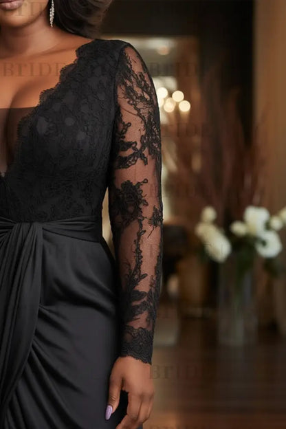 V-Neck Black Mother of the Bride Dress Long Sleeves lace Front Slit Wedding Guest Dress