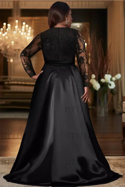 V-Neck Black Mother of the Bride Dress Long Sleeves lace Front Slit Wedding Guest Dress