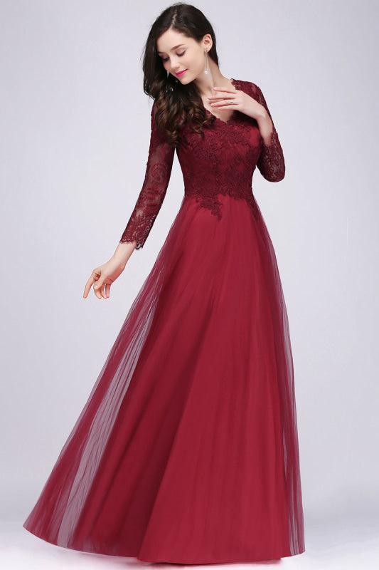 V-Neck Burgundy Bridesmaid Dresses Long Sleeves with Lace Appliques