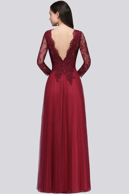 V-Neck Burgundy Bridesmaid Dresses Long Sleeves with Lace Appliques