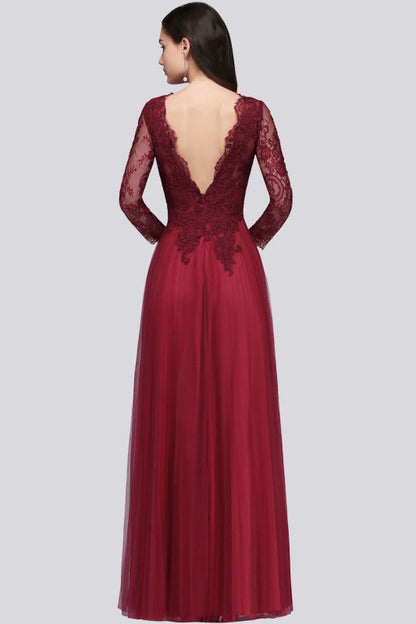 V-Neck Burgundy Bridesmaid Dresses Long Sleeves with Lace Appliques