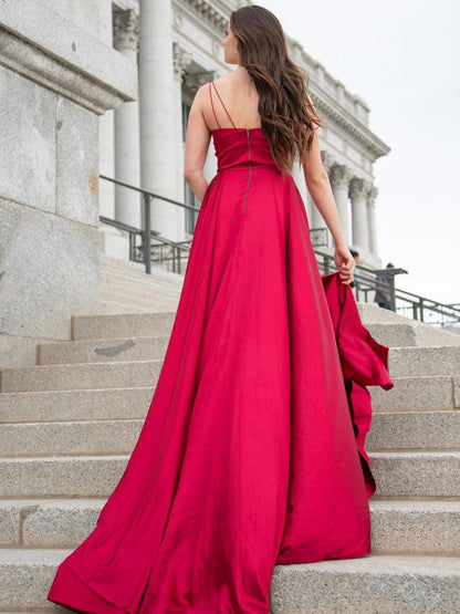 V Neck Burgundy Satin Long Prom Dresses with Side Slit, V Neck Burgundy Formal Graduation Evening Dresses