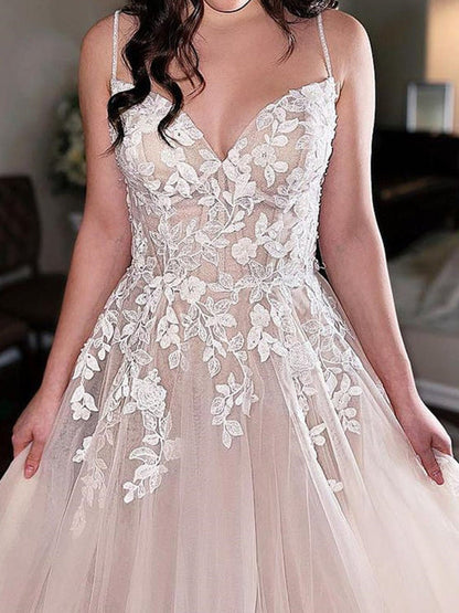 V Neck Champagne Lace Sweetheart Aline Tulle Wedding Dress with Straps