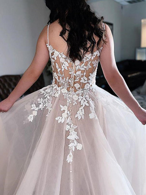 V Neck Champagne Lace Sweetheart Aline Tulle Wedding Dress with Straps