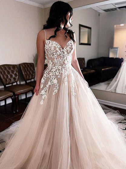 V Neck Champagne Lace Sweetheart Aline Tulle Wedding Dress with Straps