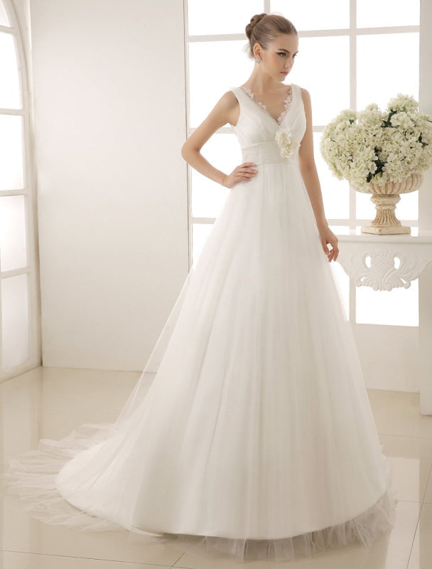 V-Neck Chapel Train Wedding Dress With Pearls Detailing