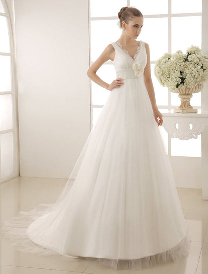 V-Neck Chapel Train Wedding Dress With Pearls Detailing