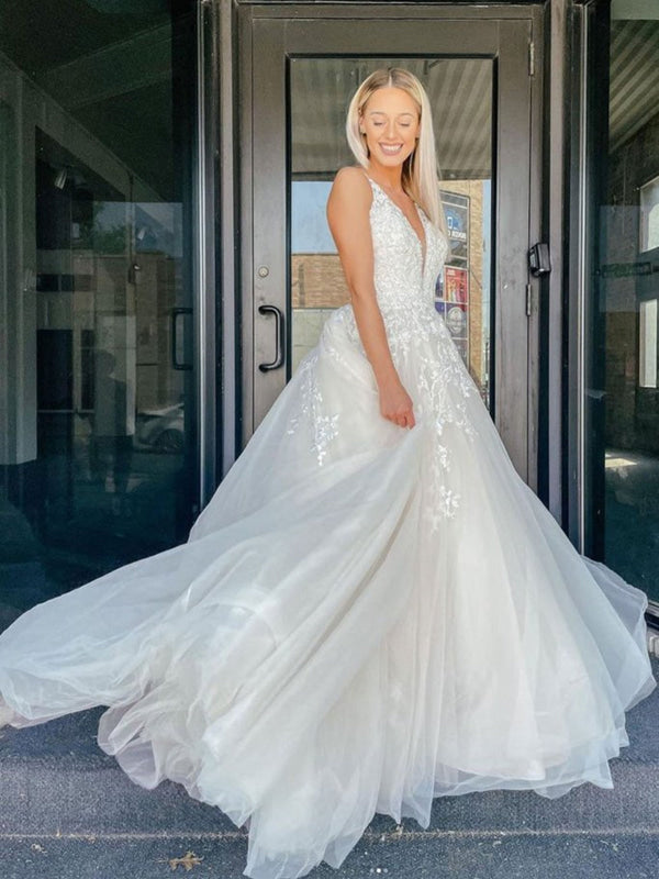 V Neck Ivory Lace Wedding Dresses Sleeveless Aline Simple Bridal Dress
