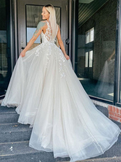V Neck Ivory Lace Wedding Dresses Sleeveless Aline Simple Bridal Dress