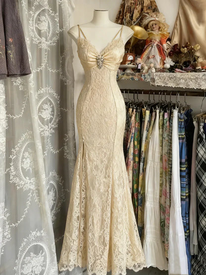 Retro Lace Burgundy Long Prom Dress Mermaid Evening Party Gown  cc3017