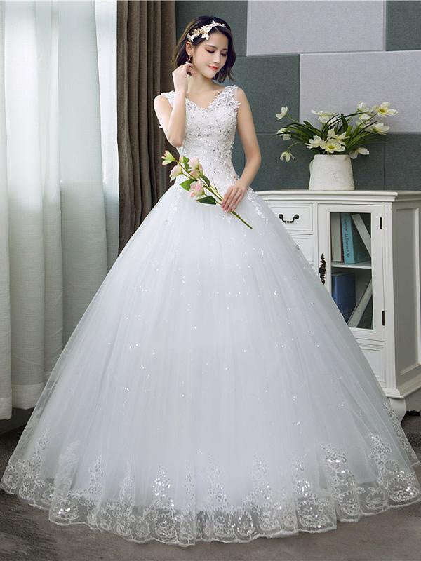 V-Neck Lace Tank Sleeveless Floral Print Ball Gown Wedding Dress