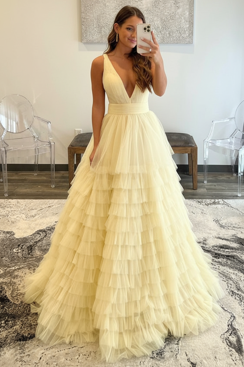 V Neck Layered Tulle Long Prom Dresses Orange Aline Formal Evening Dresses