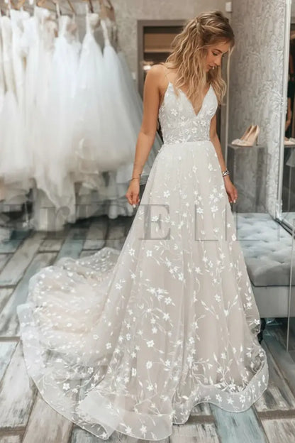 V Neck Light Champagne Lace Floral A Line Wedding Dress Formal Graduation Dresses
