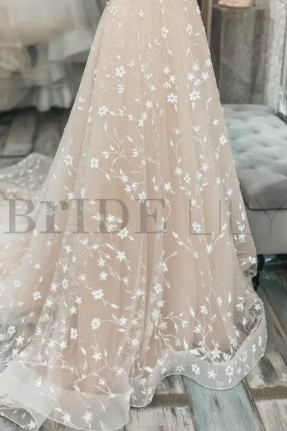 V Neck Light Champagne Lace Floral A Line Wedding Dress Formal Graduation Dresses