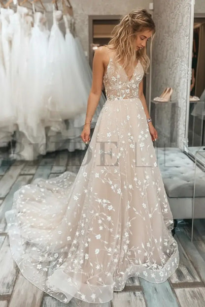 V Neck Light Champagne Lace Floral A Line Wedding Dress Formal Graduation Dresses