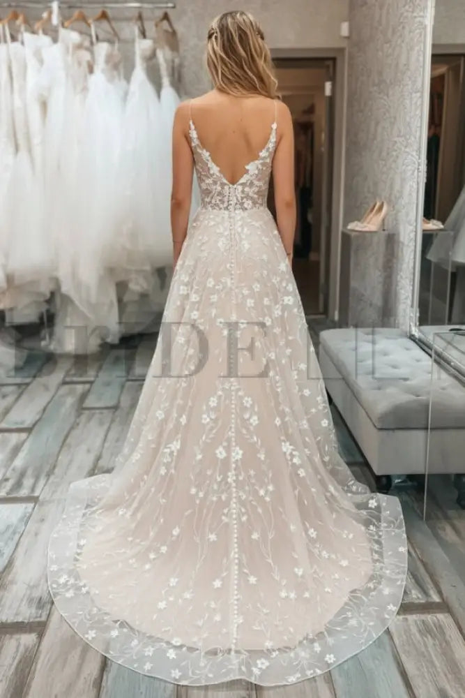 V Neck Light Champagne Lace Floral A Line Wedding Dress Formal Graduation Dresses