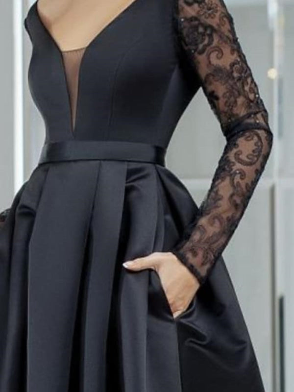 V Neck Long Sleeves Black Lace Long Prom Dresses High Low Formal Dresses