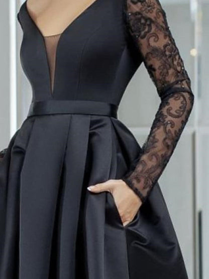 V Neck Long Sleeves Black Lace Long Prom Dresses High Low Formal Dresses