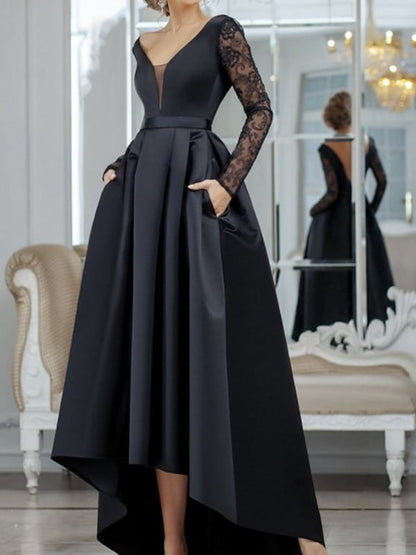 V Neck Long Sleeves Black Lace Long Prom Dresses High Low Formal Dresses