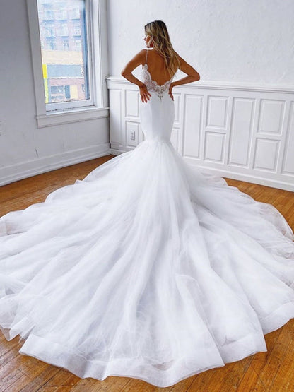 V Neck Mermaid Backless Wedding Dresses White Chapel Train Lace Bridal Dress