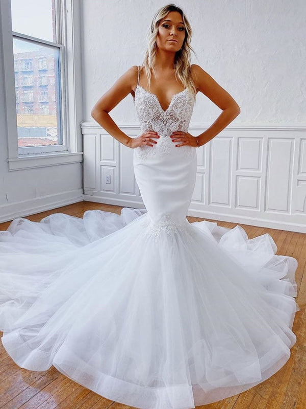 V Neck Mermaid Backless Wedding Dresses White Chapel Train Lace Bridal Dress