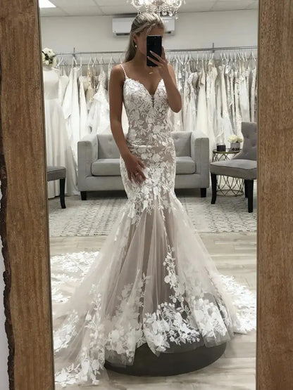 V Neck Mermaid Champagne Lace Wedding Dresses Tulle Long Bridal Gown
