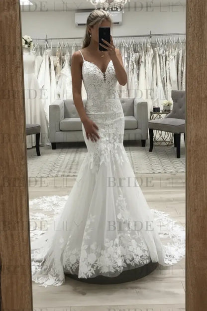 V Neck Mermaid Champagne Lace Wedding Dresses Tulle Long Bridal Gown
