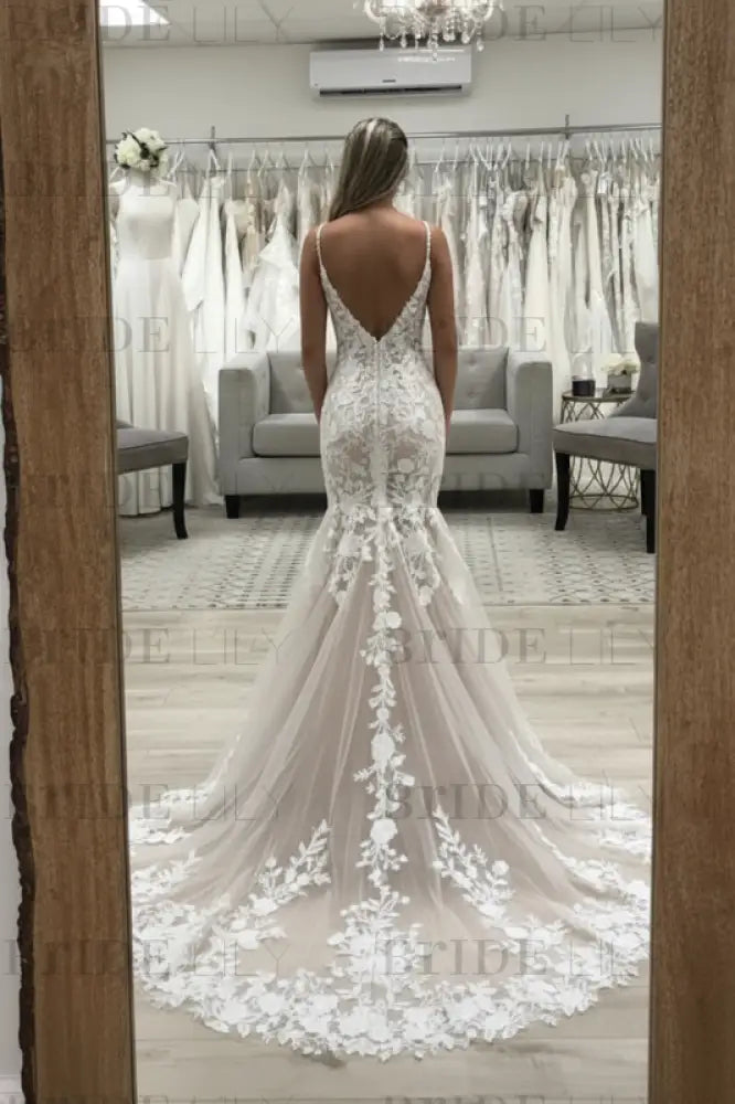 V Neck Mermaid Champagne Lace Wedding Dresses Tulle Long Bridal Gown