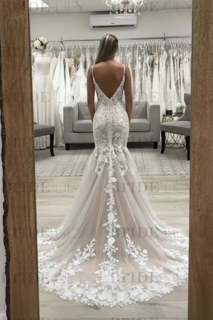 V Neck Mermaid Champagne Lace Wedding Dresses Tulle Long Bridal Gown