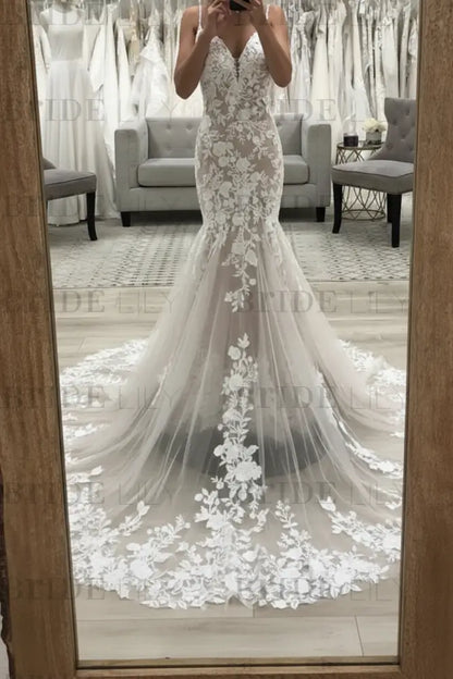 V Neck Mermaid Champagne Lace Wedding Dresses Tulle Long Bridal Gown