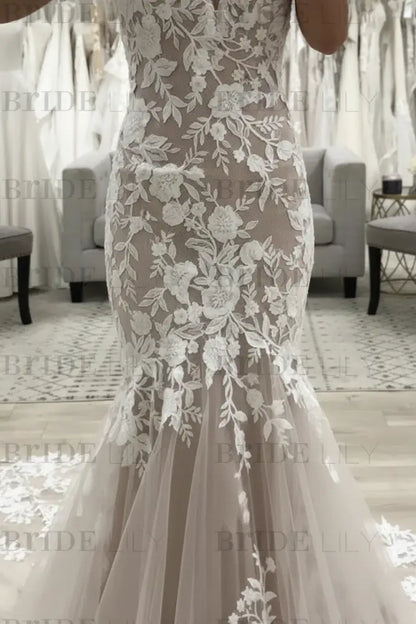 V Neck Mermaid Champagne Lace Wedding Dresses Tulle Long Bridal Gown