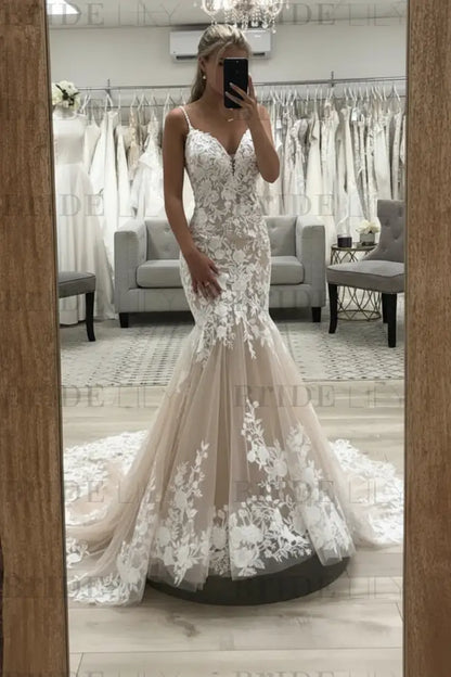 V Neck Mermaid Champagne Lace Wedding Dresses Tulle Long Bridal Gown