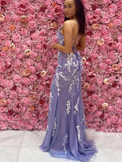 V Neck Mermaid Open Back Purple Lace Long Prom Dresses with High Slit, Mermaid Purple Formal Graduation Evening Dresses