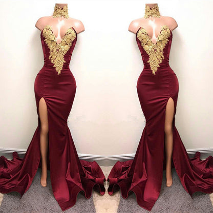 V-Neck Mermaid Prom Dress in Burgundy With Split and Lace Appliques