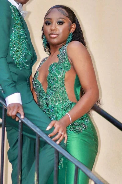 Gorgeous Dark Green Prom Dress Glittering Beaded Evening Gown Mermaid Party Dress Long Formal Dress HZ1024