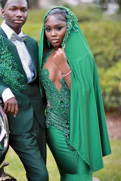 Gorgeous Dark Green Prom Dress Glittering Beaded Evening Gown Mermaid Party Dress Long Formal Dress HZ1024