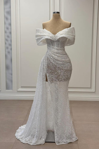 V-Neck Off-the-Shoulder Beaded Sequins Wedding Dress Mermaid with Side Split