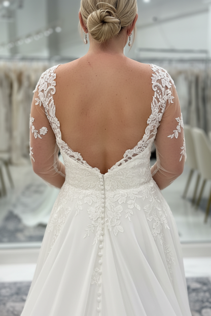V-neck Open Back Appliques Lace A-Line Wedding Dresses Long Sleeve
