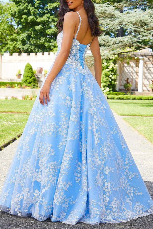 V Neck Open Back Blue Long Prom Dresses with Lace Appliques, Blue Lace Formal Dresses, Blue Evening Dresses