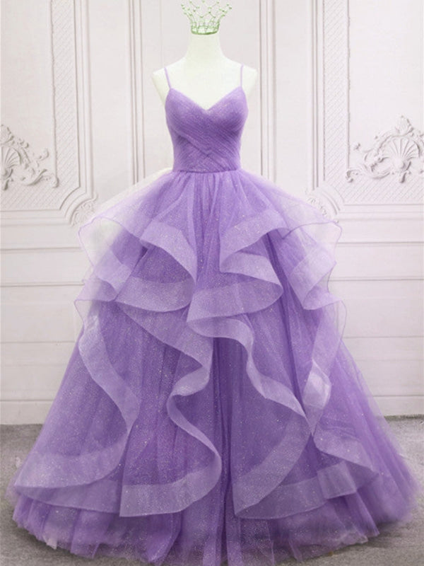 V Neck Open Back Fluffy Purple Tulle Long Prom Dresses, Purple Tulle Formal Evening Dresses, Purple Ball Gown