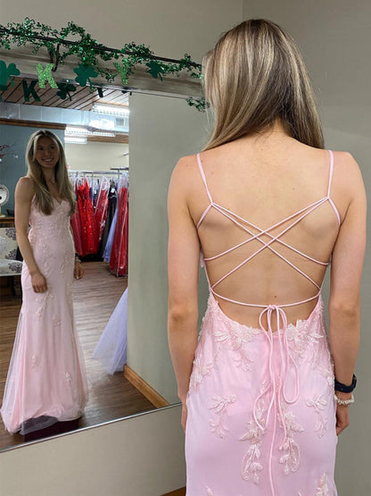 V Neck Open Back Mermaid Pink Lace Appliques Long Prom Dresses, Mermaid Pink Formal Dresses, Pink Lace Evening Dresses