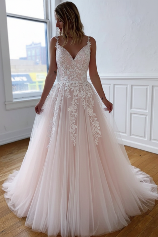 V Neck Open Back White Lace Wedding Dresses Tulle Aline Bridal Dress