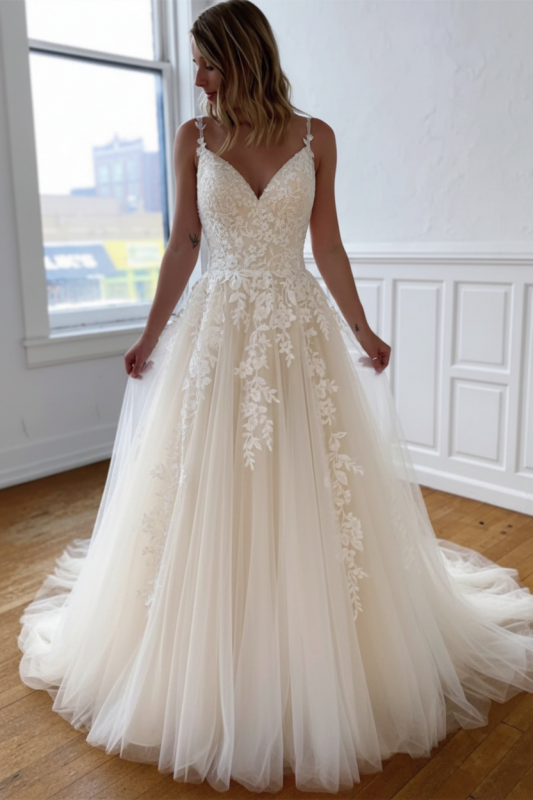 V Neck Open Back White Lace Wedding Dresses Tulle Aline Bridal Dress