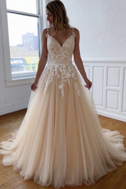 V Neck Open Back White Lace Wedding Dresses Tulle Aline Bridal Dress