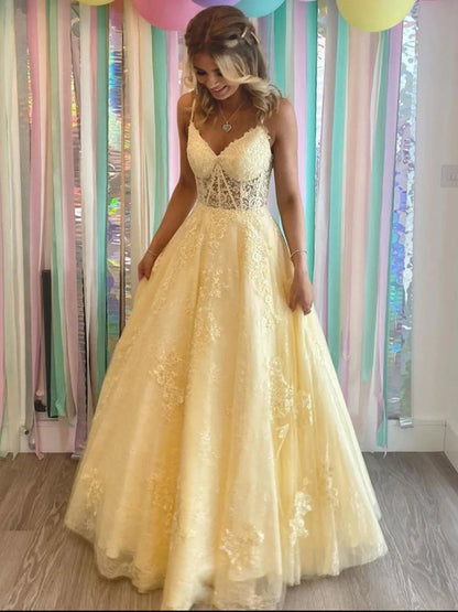 V Neck Open Back Yellow Lace Tulle Prom Dresses Sleeveless Aline Formal Evening Dresses