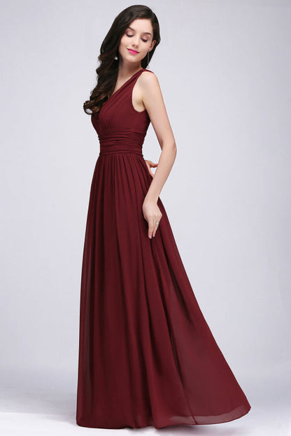 V-Neck Pleated Chiffon A-line Burgundy Bridesmaid Dress