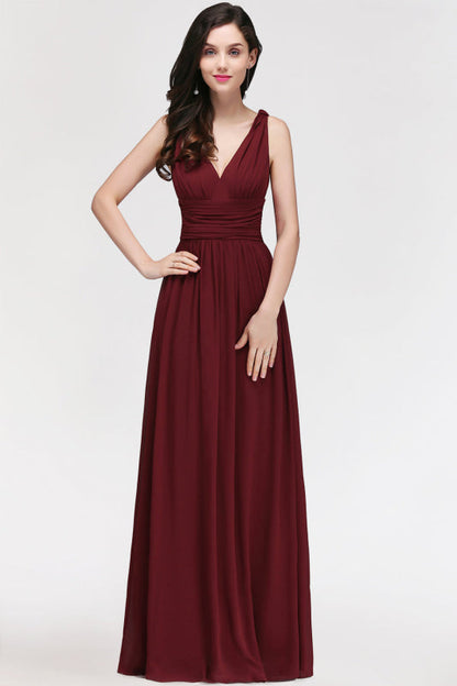 V-Neck Pleated Chiffon A-line Burgundy Bridesmaid Dress