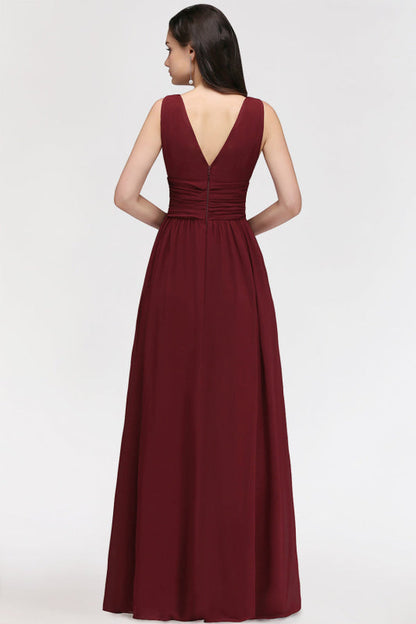 V-Neck Pleated Chiffon A-line Burgundy Bridesmaid Dress