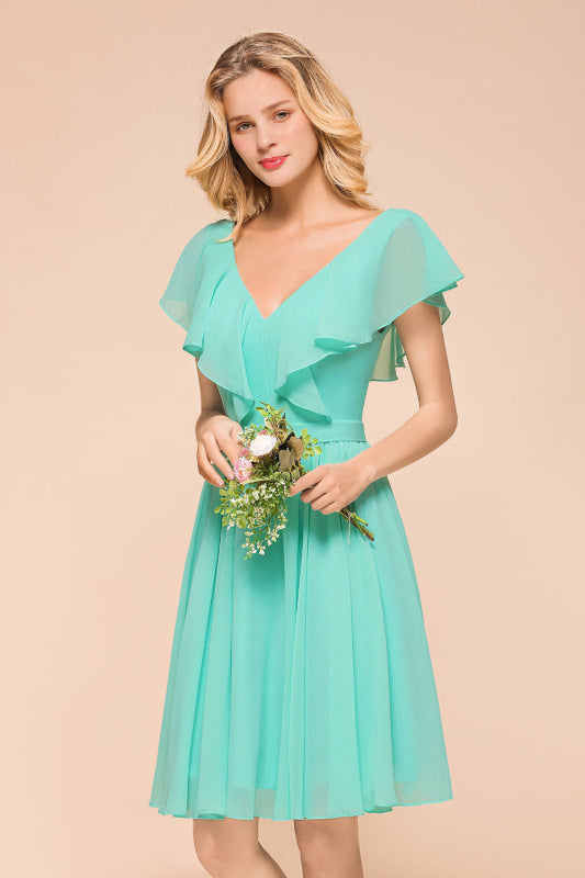V-Neck Ruffle Chiffon Mini Bridesmaid Dresses