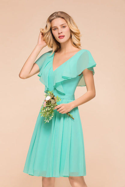 V-Neck Ruffle Chiffon Mini Bridesmaid Dresses